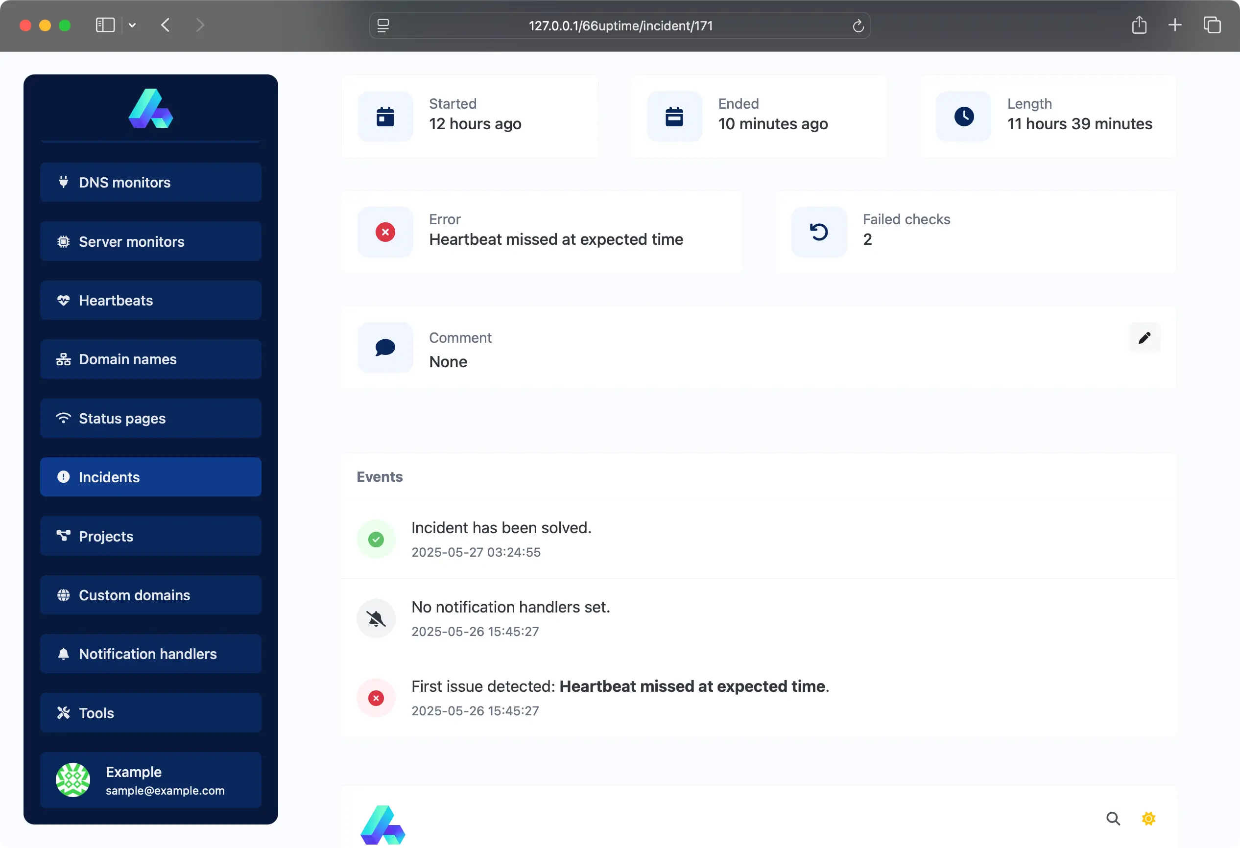 Screenshot of the app monitors incidents page